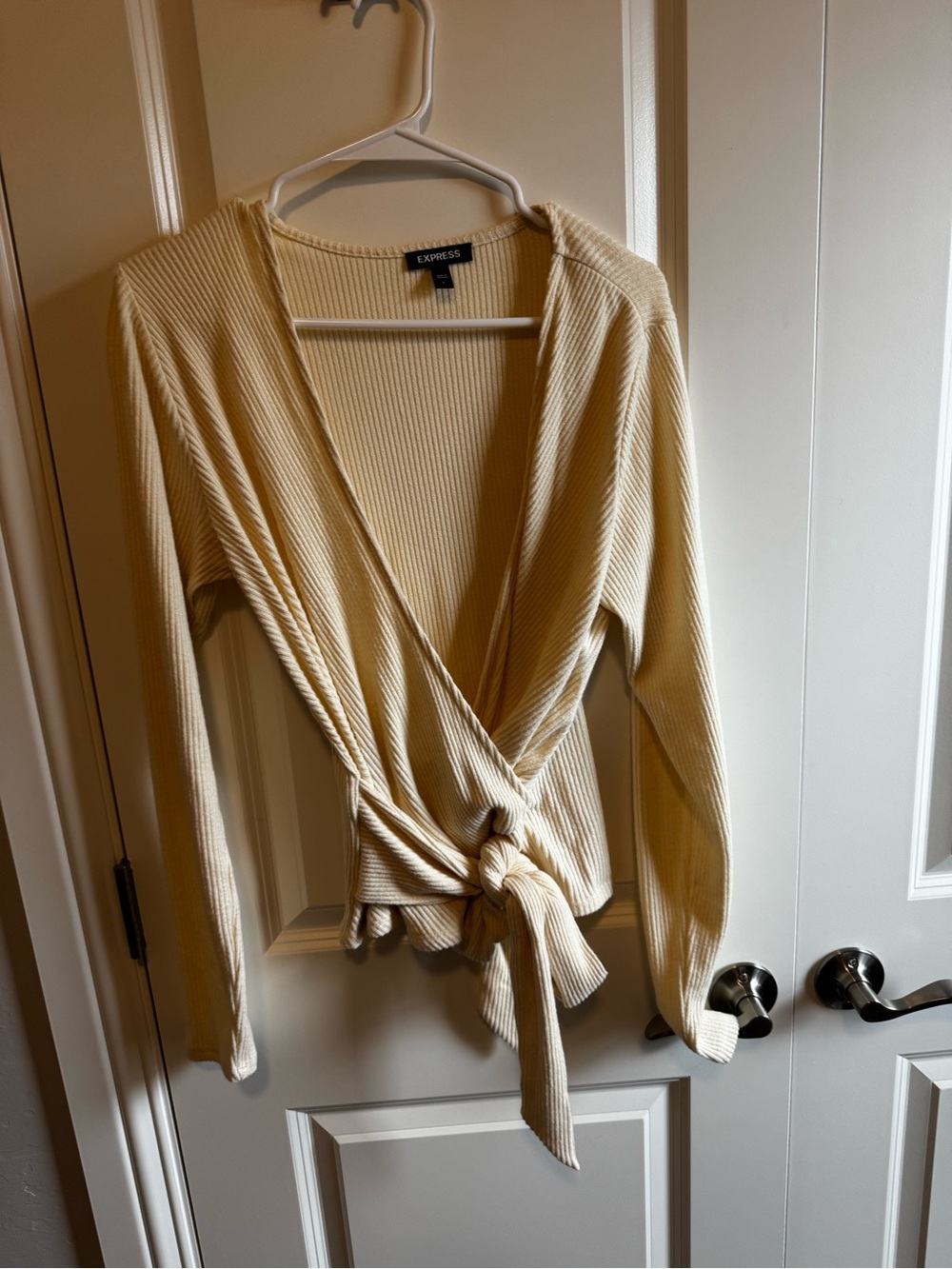 Express Cream Ribbed Wrap V-Neck Sweater with Front Tie